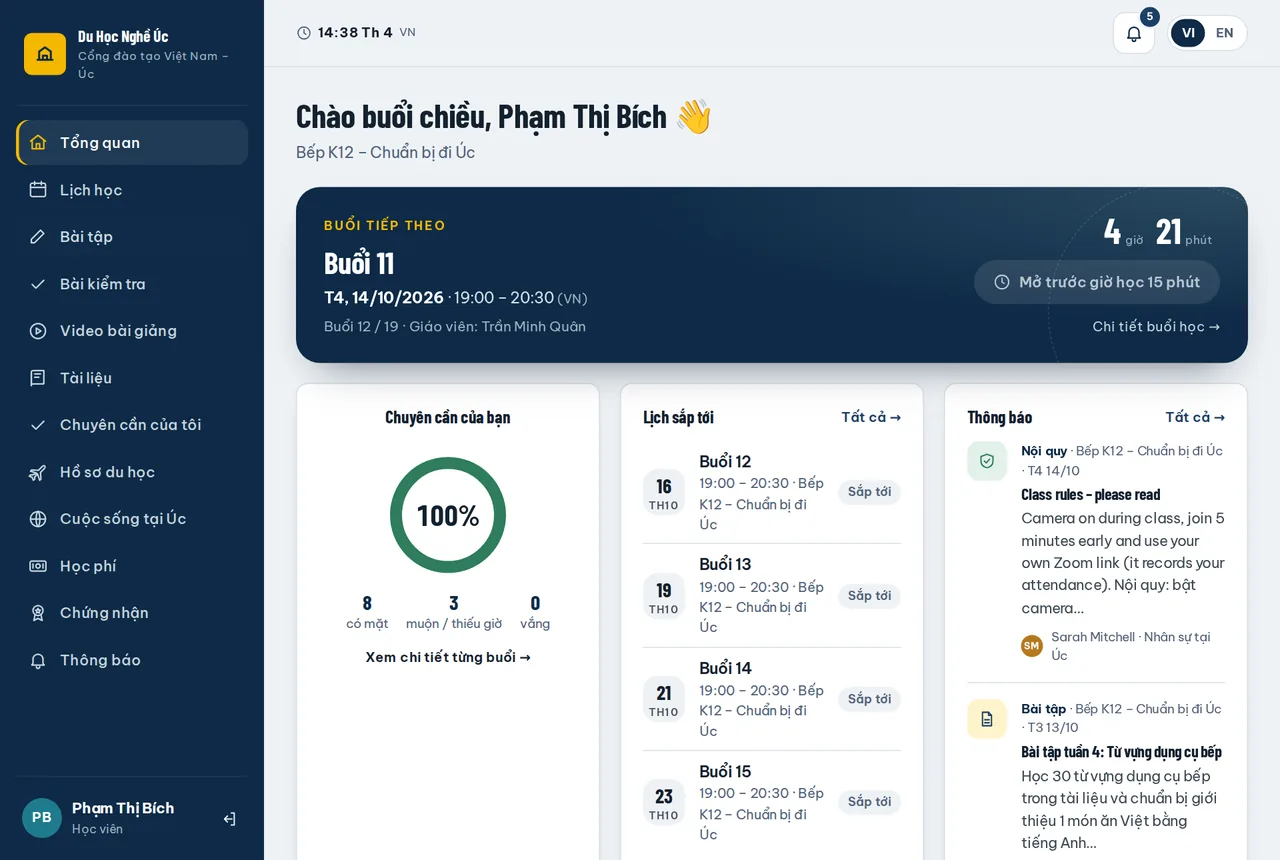 Cổng học viên: lịch học Zoom, chuyên cần và bài tập